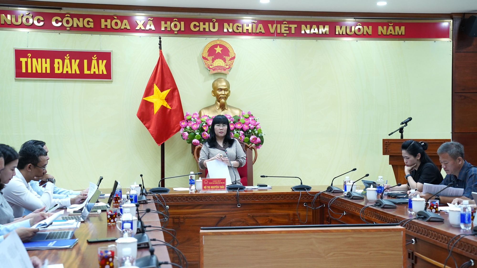 Ủy viên Ban Thường vụ Tỉnh ủy, Phó Chủ tịch Thường trực UBND tỉnh Hồ Thị Nguyên Thảo phát biểu tại cuộc họp.